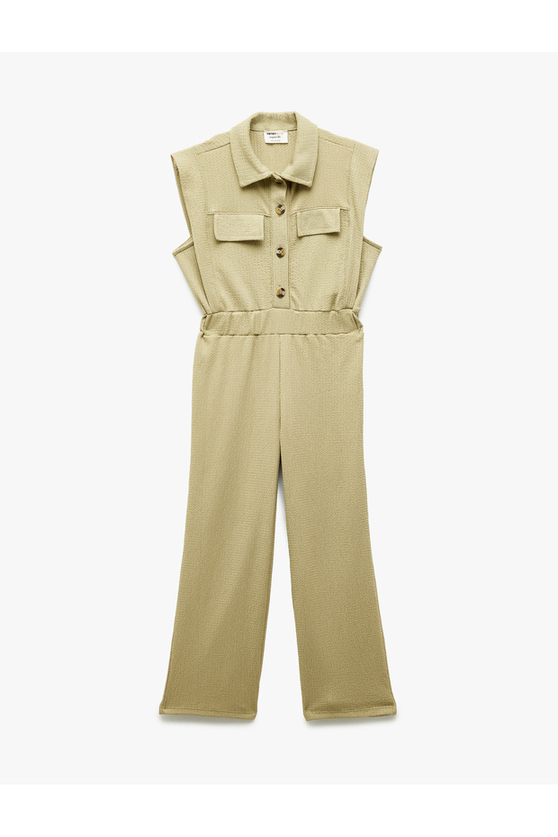 Buttoned Pocket Detailed Shirt Collar Long Jumpsuit