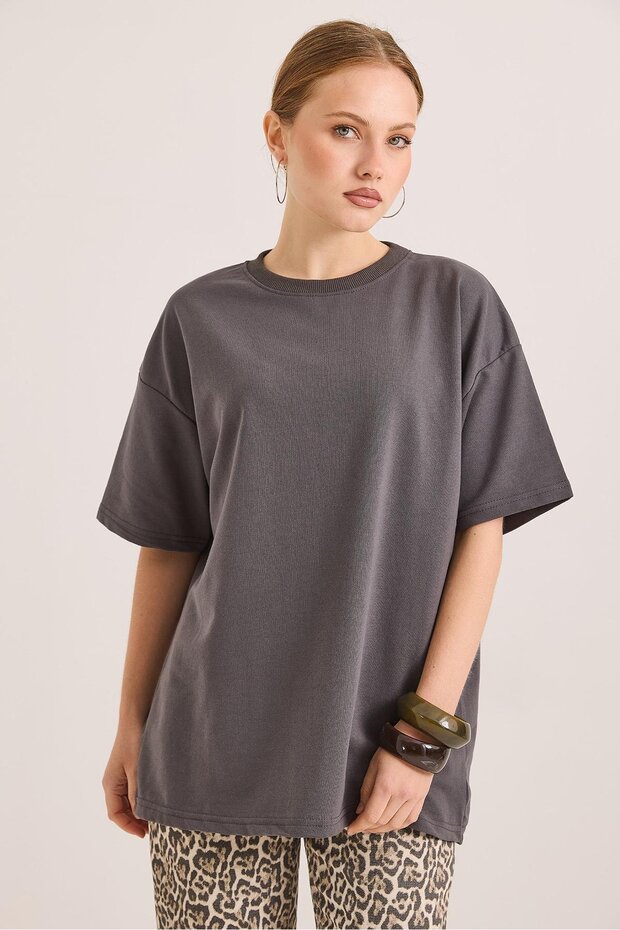 Oversize Crew Neck Basic Tshirt Smoked