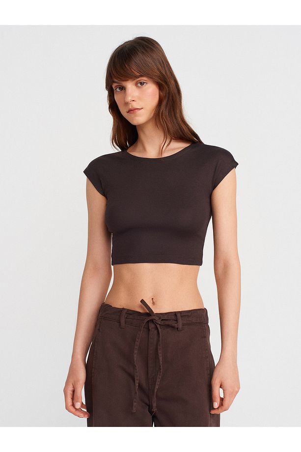 30528 Pamuk ve Modal Karışımlı Crop Top-Koyu Kahve - 3