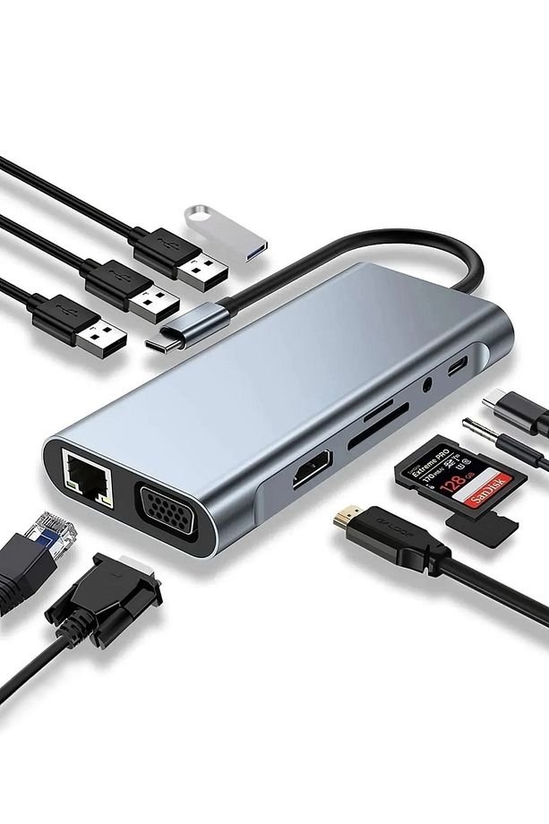 MacBook Pro Air iPad Pro Uyumlu Type-C Hub 4K HDMI VGA AUX SD TF Kart 4x USB RJ45 Ethernet Çoklayıcı - 1