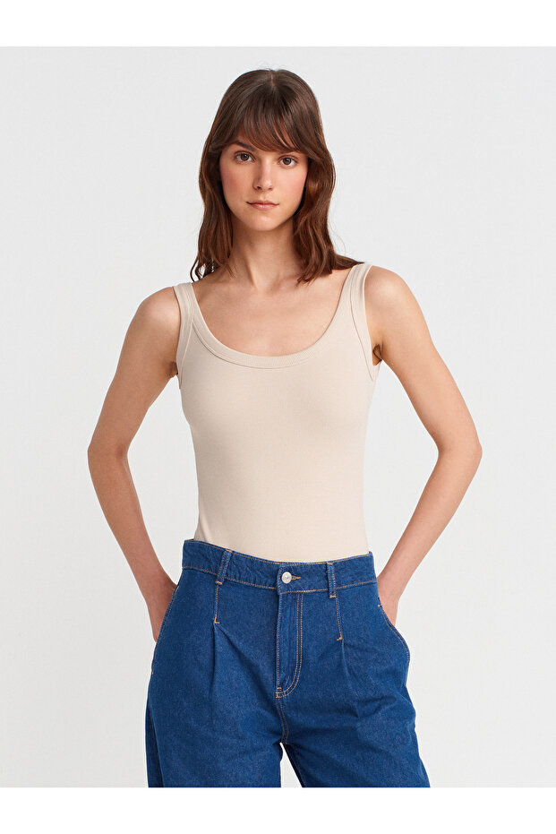21053 Askılı Bodysuit-Bej - 1