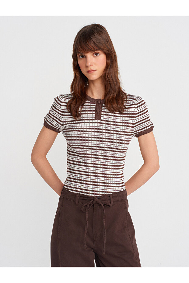 10754 Crew Neck Buttoned Striped Knitwear Blouse-Brown-Ecru