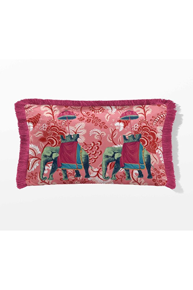 Rectangular Fringed Double-Sided Printed Suede Cushion Cover - Indian Elephant