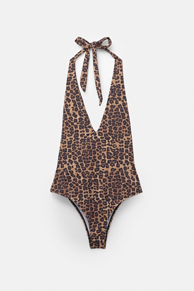 Leopar desenli halter yaka mayo - 5