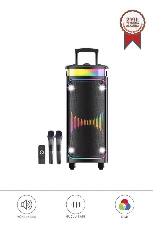 DR-8816 Siyah Çift Mikrofonlu RGB Ledli Taşınabilir Bluetooth Hoparlör Parti Speaker - 1