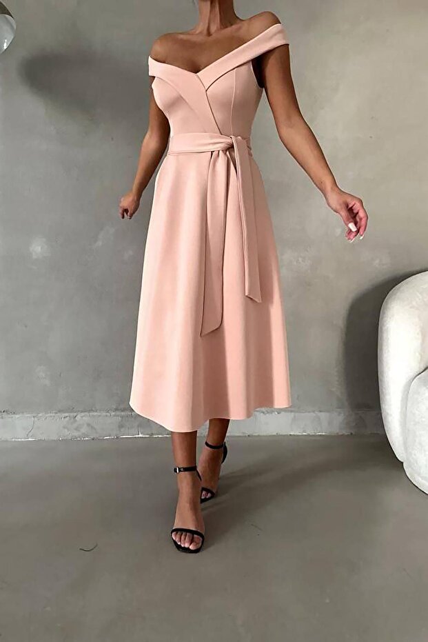 Powder Scuba Fabric Madonna Collar Belted Dress