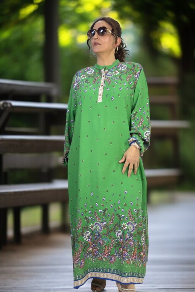 Dominant Collar Ballon Sleeve Pocket Etnic Printed Large Size Cotton Viscose Large Size Dress