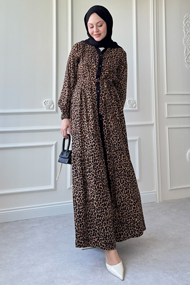 فستان أسود من الفسكوز بنمط الفهد بأزرار - 4