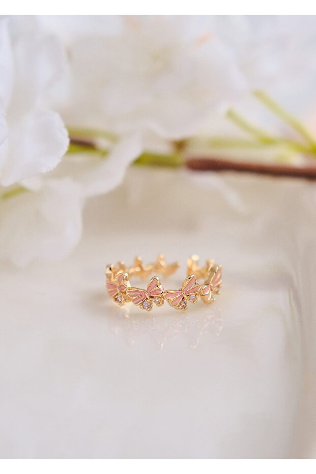 Zircon Stone Pink Butterfly Steel Ring