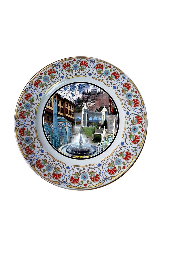 PRT 112 25 cm Sarı  Altın yaldızlı  karanfil desenli  porselen Kaligrafi çini tabak - 4