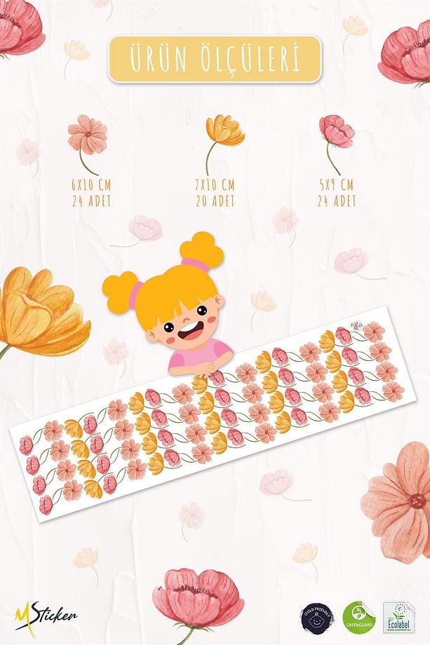 Açık ve Soft Renklerde Çiçeklerden oluşan Özel Çizim Sticker Seti 68 adet Özel Keismli Sticker Seti - 5