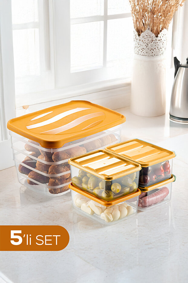 Set of 5 Freezer and Microwave Safe Refrigerator Organizer 1X(5 Liters) 4X(775 ml) Orange