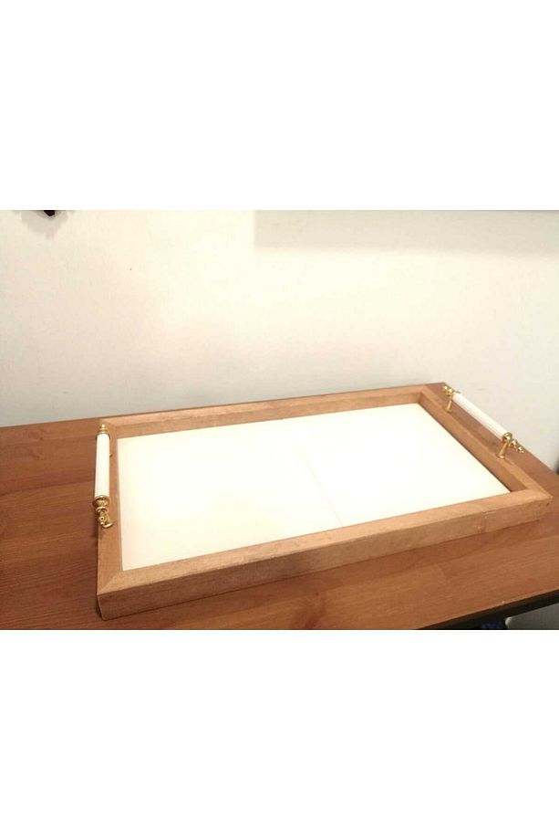 İçi 20x20cm 2 Adet Kare Ham Çini Bisküvisi ve  Ahşap Tepsi - 3