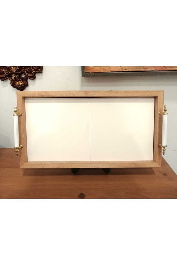 İçi 20x20cm 2 Adet Kare Ham Çini Bisküvisi ve  Ahşap Tepsi - 1