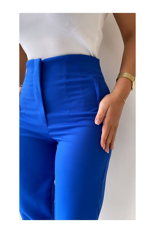 Kadın Saks Önü Biyeli Cepli Yüksek Bel Havuç Model Kumaş Pantolon - 2
