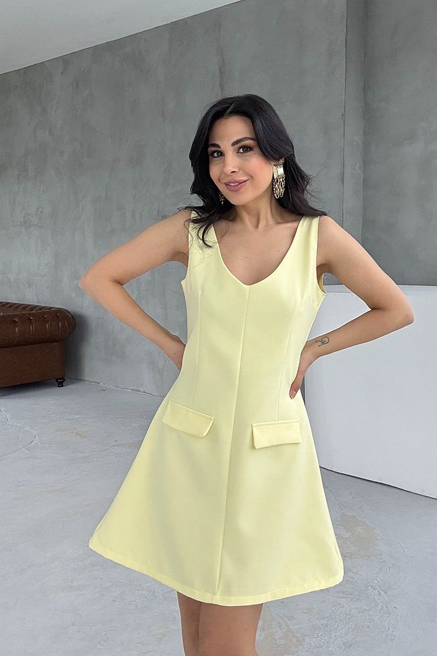 Sarı Askılı Cep Detaylı Elbise - 2