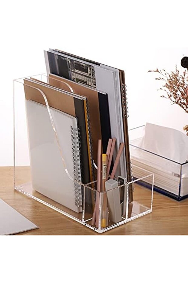 Acrylic File Organizer with Pencil Holder, Multi-Functional Clear Desk Organizer, 3 Compartments