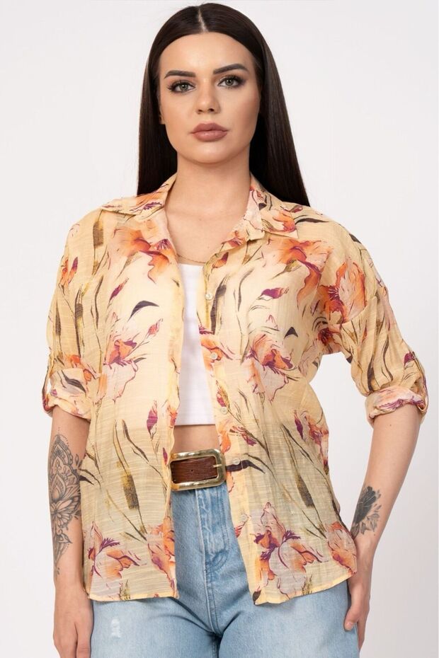 Women's Summer Pink Floral Patterned Sleeve Folded Shirt 2825