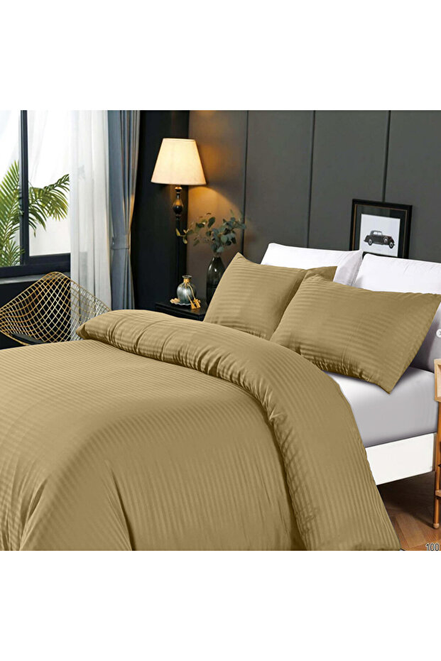 3-Piece Duvet Cover Set, 100% Cotton Stripe Sateen Fabric, Bronze