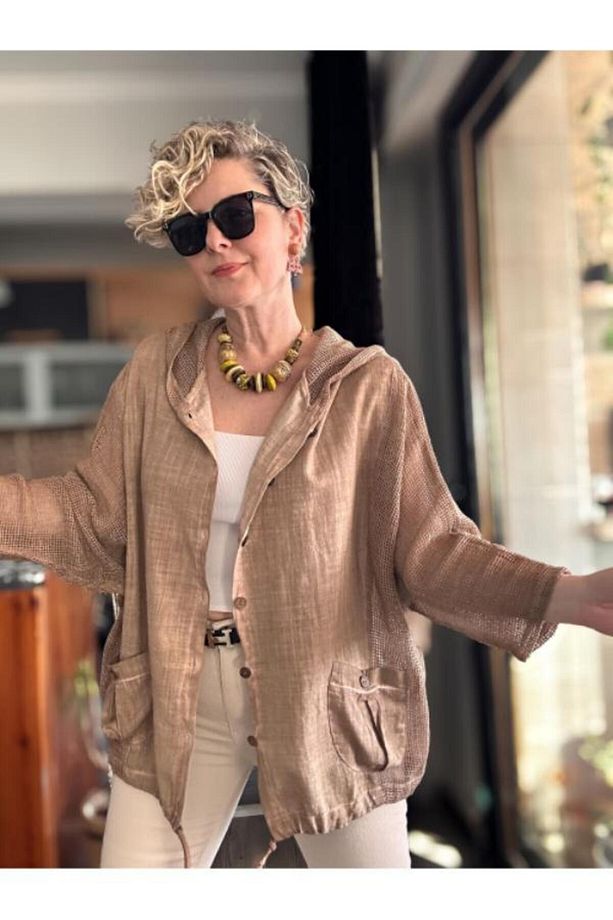 Kadın Oversize Çift Cepli Yıkamalı File Detay Pamuk Gömlek Ceket Kahve - 1