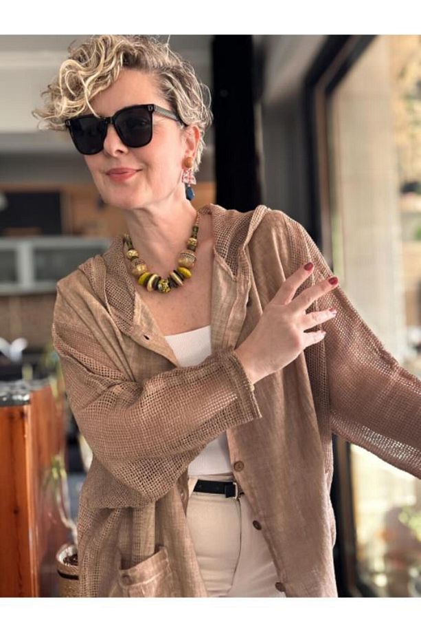 Kadın Oversize Çift Cepli Yıkamalı File Detay Pamuk Gömlek Ceket Kahve - 3
