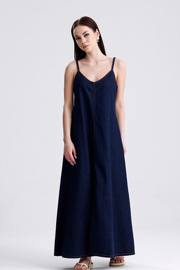İp Askılı Uzun Denim Kot Elbise - 4
