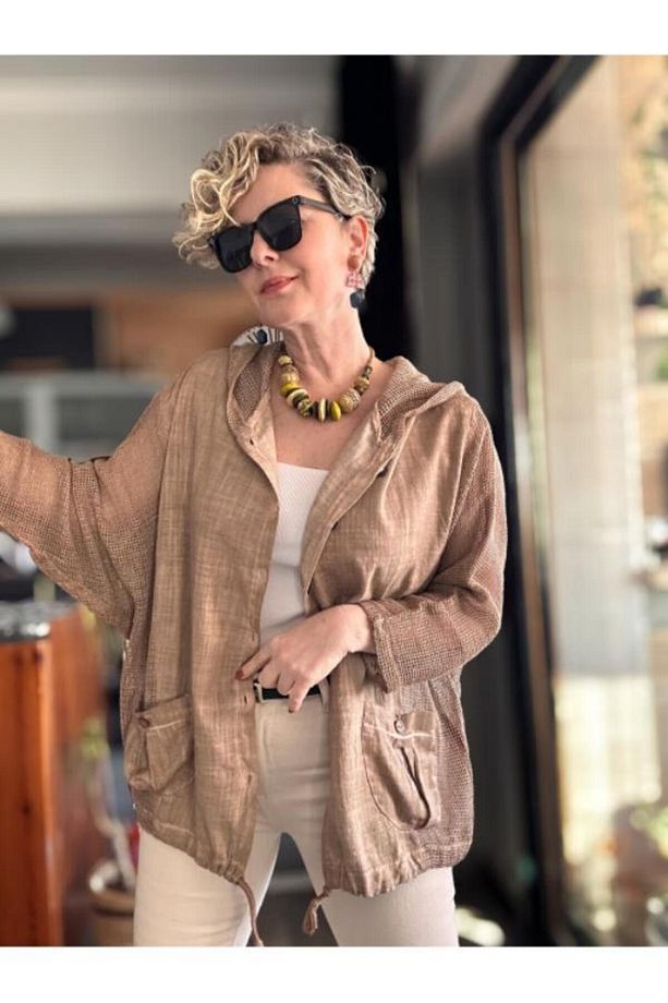 Kadın Oversize Çift Cepli Yıkamalı File Detay Pamuk Gömlek Ceket Kahve - 2