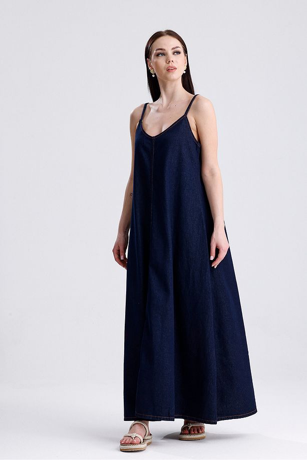 İp Askılı Uzun Denim Kot Elbise - 3