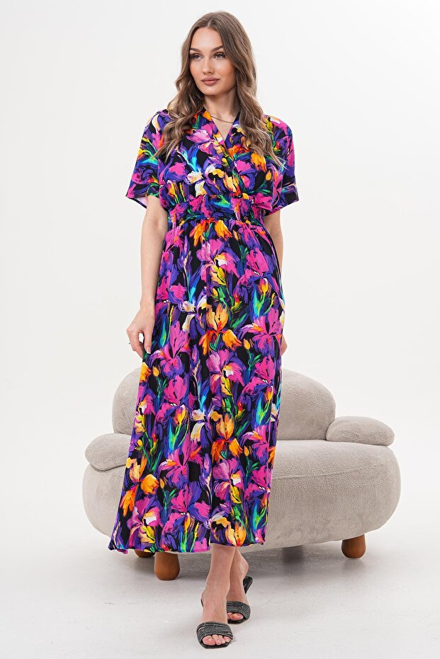 Double-Breasted Collar Dress with Glitter Waist