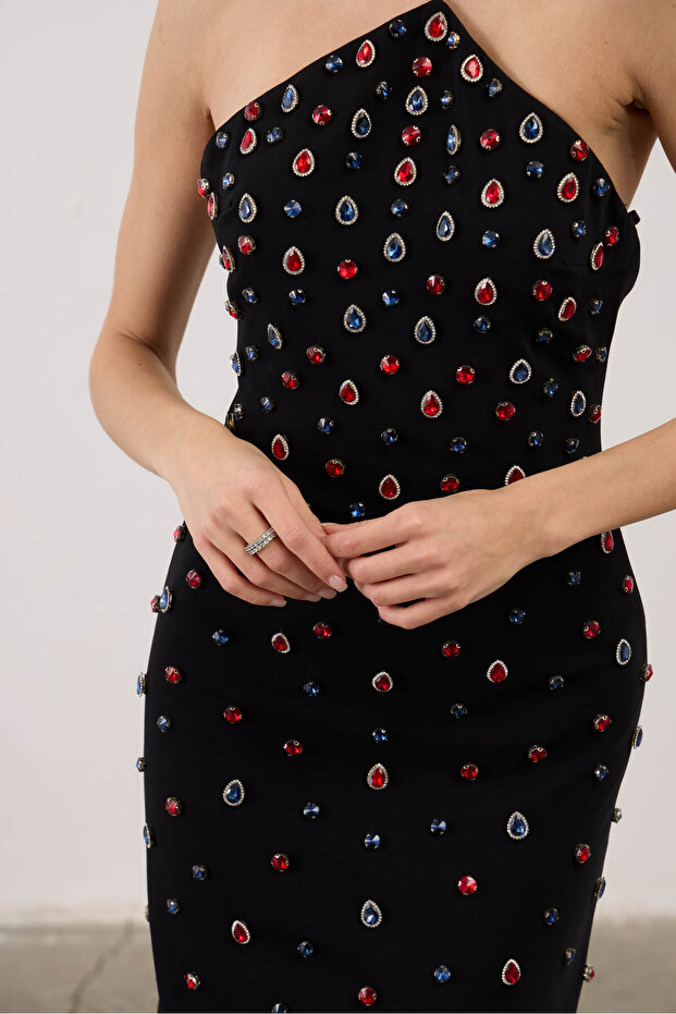 Kırmızı Mavi Taşlı Uzun Elbise - 5