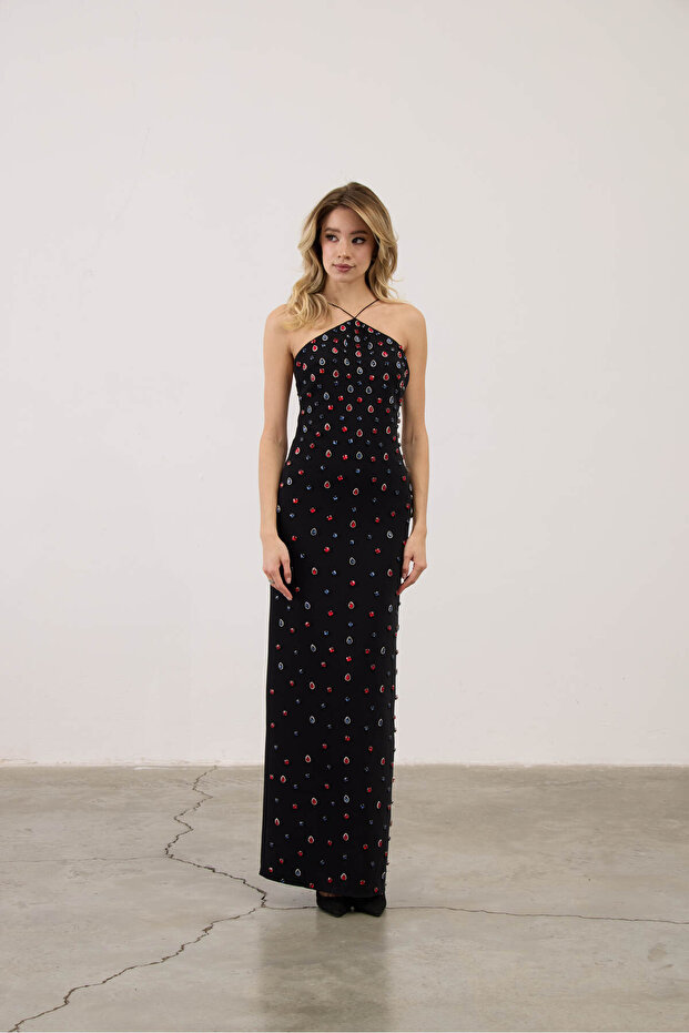 Kırmızı Mavi Taşlı Uzun Elbise - 1