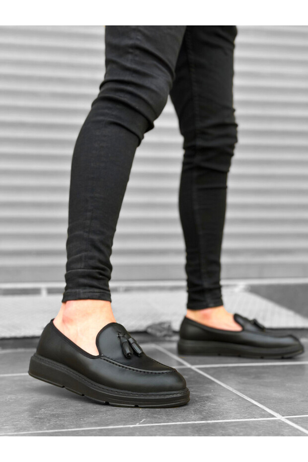 Laceless Tasseled Men's Shoes Black (Black Sole)