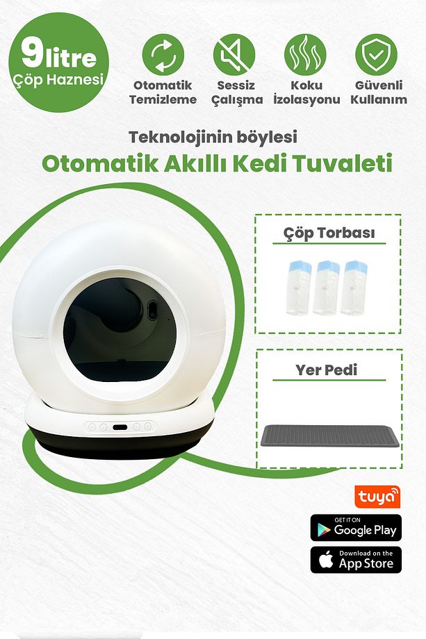 Kedi Tuvaleti Otomatik, App Ile Kontrol, 75lt Iç Hazne, 7lt Çöp Haznesi , Siyah - 7