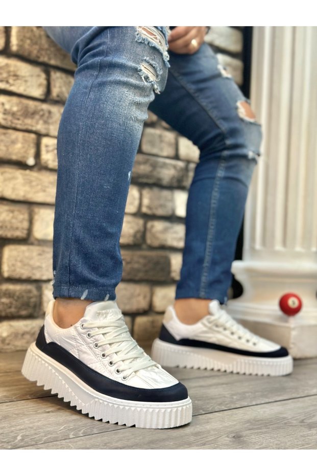 Lace-Up Parachute Fabric Men's Sports Shoes White Navy Blue (White Sole)
