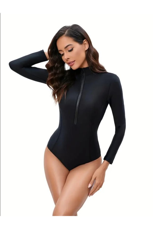 Black Zipper Long Sleeve Women's Swimmer Hijab Surfing Swimsuit Uv Protection