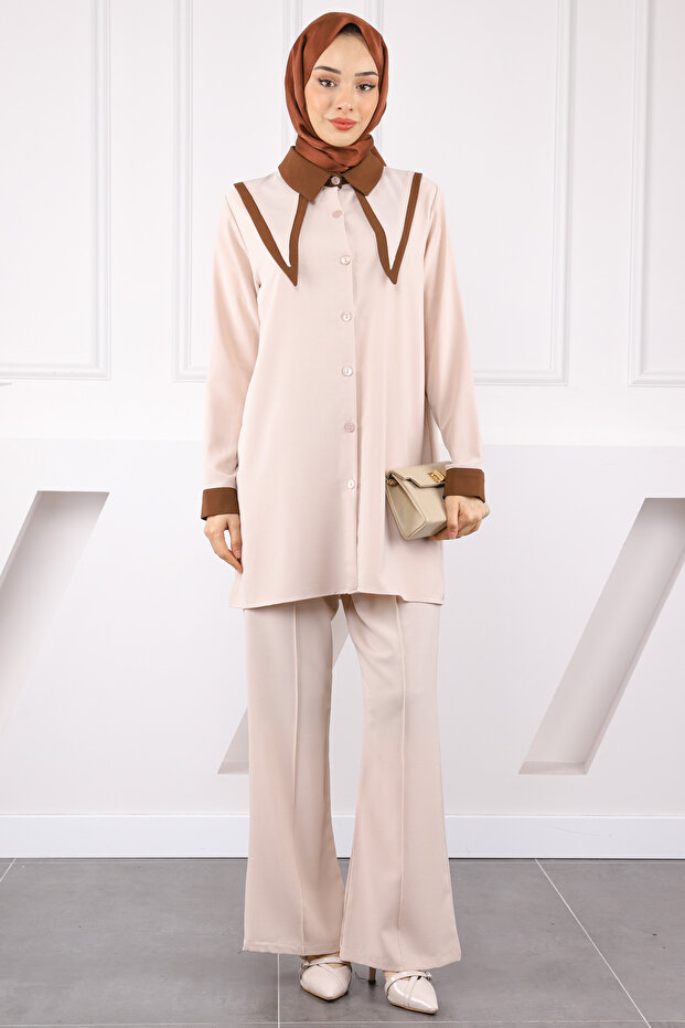 Beige Collar Detailed Tunic Trousers Suit
