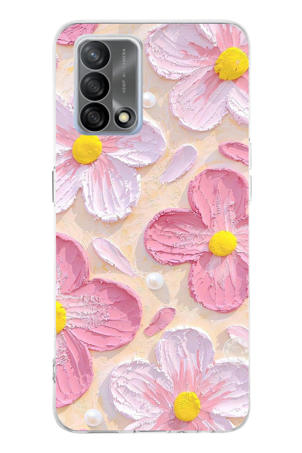 Oppo A74 Compatible Pink White Flowers Watercolor Transparent Silicone Case