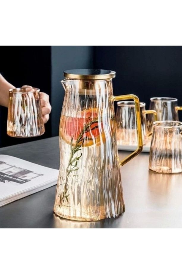 Borosilikat Cam Metal Kapaklı Lüks Cam Sürahi 1800 ml Amber Dalgalı MT - 4