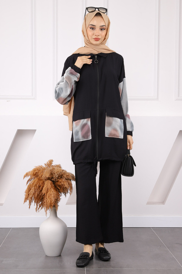 Black Mesh Garnished Tunic Trousers Suit