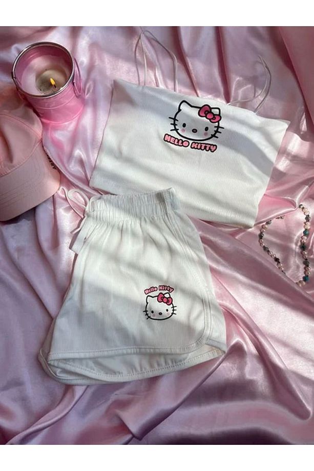Hello Kitty %100 Pamuk Kaplı Üst Şortlu Pijama Takımı - 3