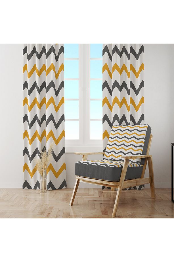 Sarı & Gri Zigzag Desenli Fon Perde – Modern ve Canlı Dekorasyon 140x260 CM Tek Kanat - 6