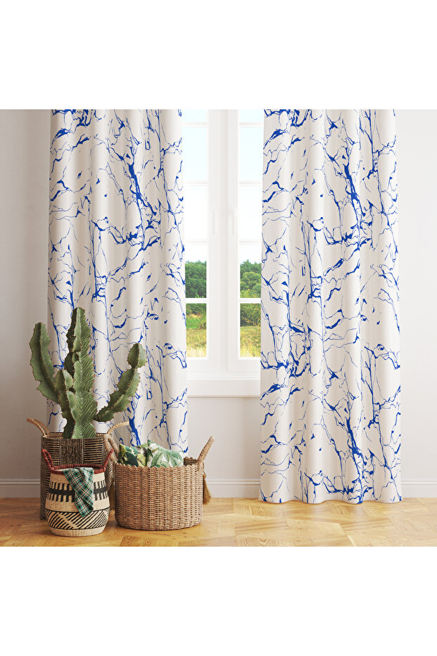 Blue on White Abstrakt Patterned Background Curtain – Elegant and Original Design 140X260 cm Single Wing
