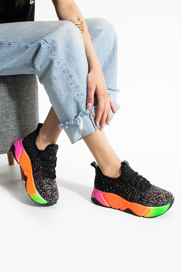 Günlük Siyah-multi Taş DetaylıKadın Sneaker Bağcıklı Triko Esnek Hafif Yürüyüş Spor Ayakkabı - 5