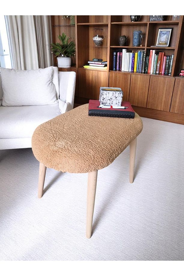 Minimalist Teddy Kumaş Tabure, Ahşap Ayaklı Tabure, Salon, Ofis, Makyaj Masası, Yemek Masası - 2