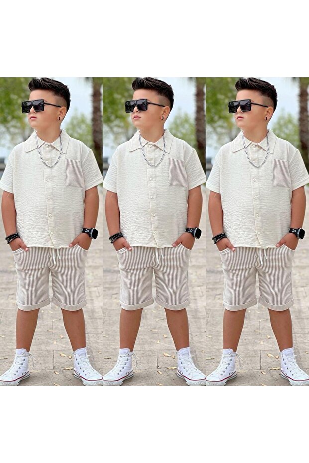 Summer Linen Fabric Shorts Shirt Pocket Shorts Bottom Top Set