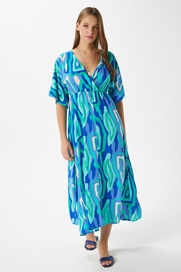 Women's Katy Green Blue Elastic Waist Slit Viscose Summer Dress