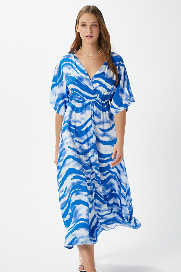Women's Katy Blue White Elastic Waist Slit Viscose Summer Dress