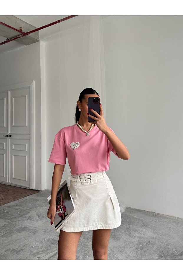 İnci Detay Oversize Basic - Pembe - 1