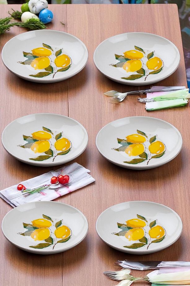Limon Desenli El Yapımı Seramik Yemek Tabağı Takımı 22 cm 6 adet - 1