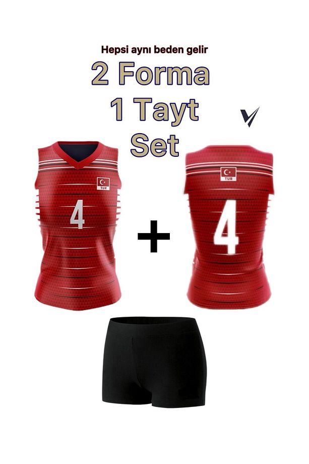 Voleybol Forması 2 Adet Voleybol Taytı 1 Adet Set Voleybol Forma Tayt Set Kırmızı Volleyball - 2